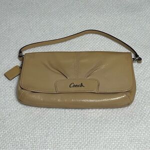 Coach Ashley Taupe Patent Leather Wristlet Wallet Flap Closure Purple Lining